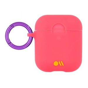 Pink Airpods case with purple hook.